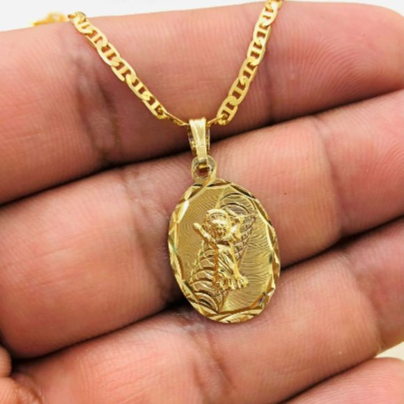 All Yellow Baby Jesus Medal Mariner link Chain 18" for Girls Boys Ladies 22x14mm - Picture 2 of 10